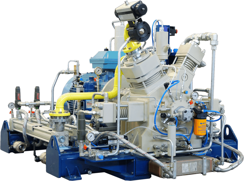 SAFE high-pressure CNG and biomethane compressors – S, ST, SW, B series for fueling stations.